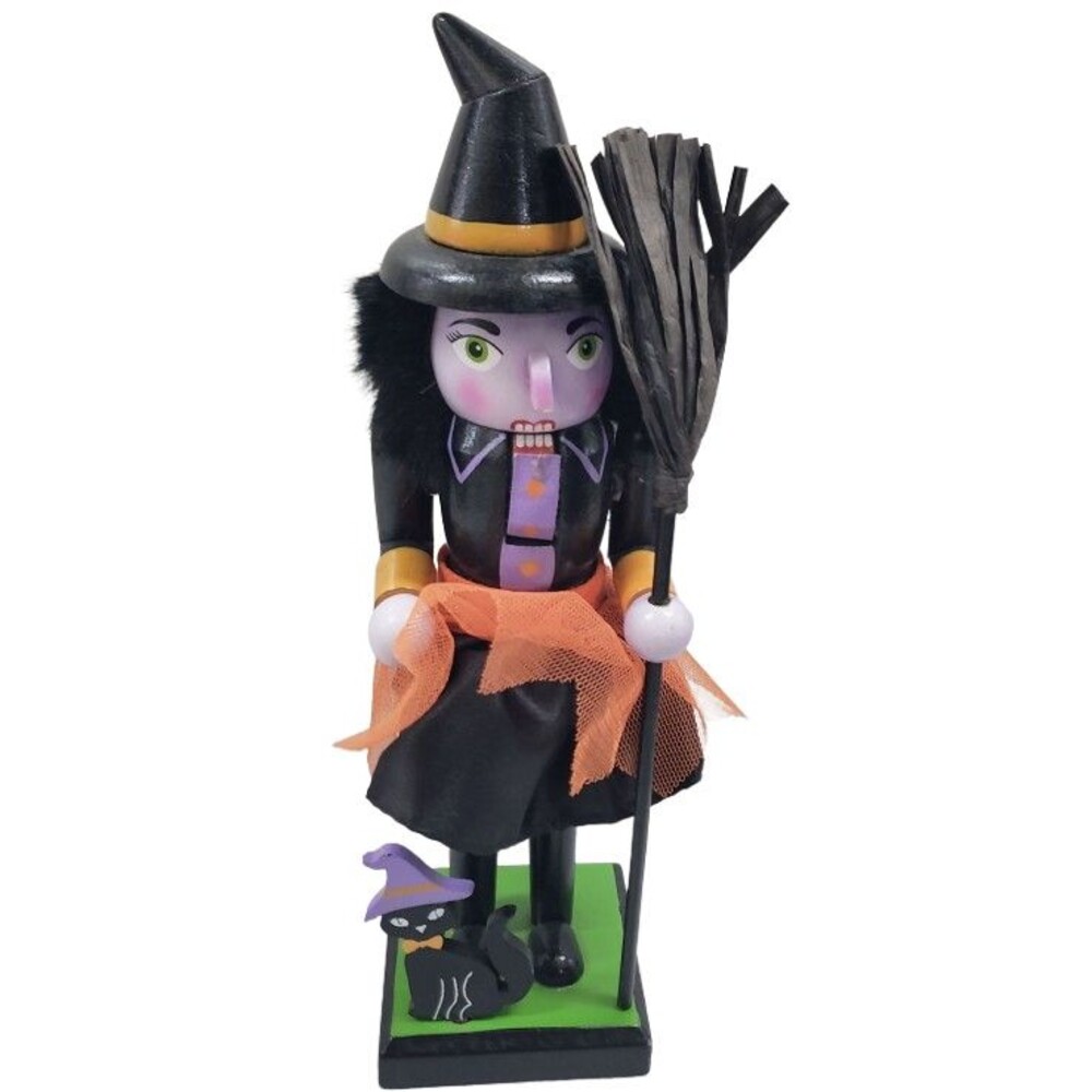 Wooden Nutcracker,9.5", HALLOWEEN,PURPLE FACE WITCH W/BROOM & BLACK CAT, Ashland